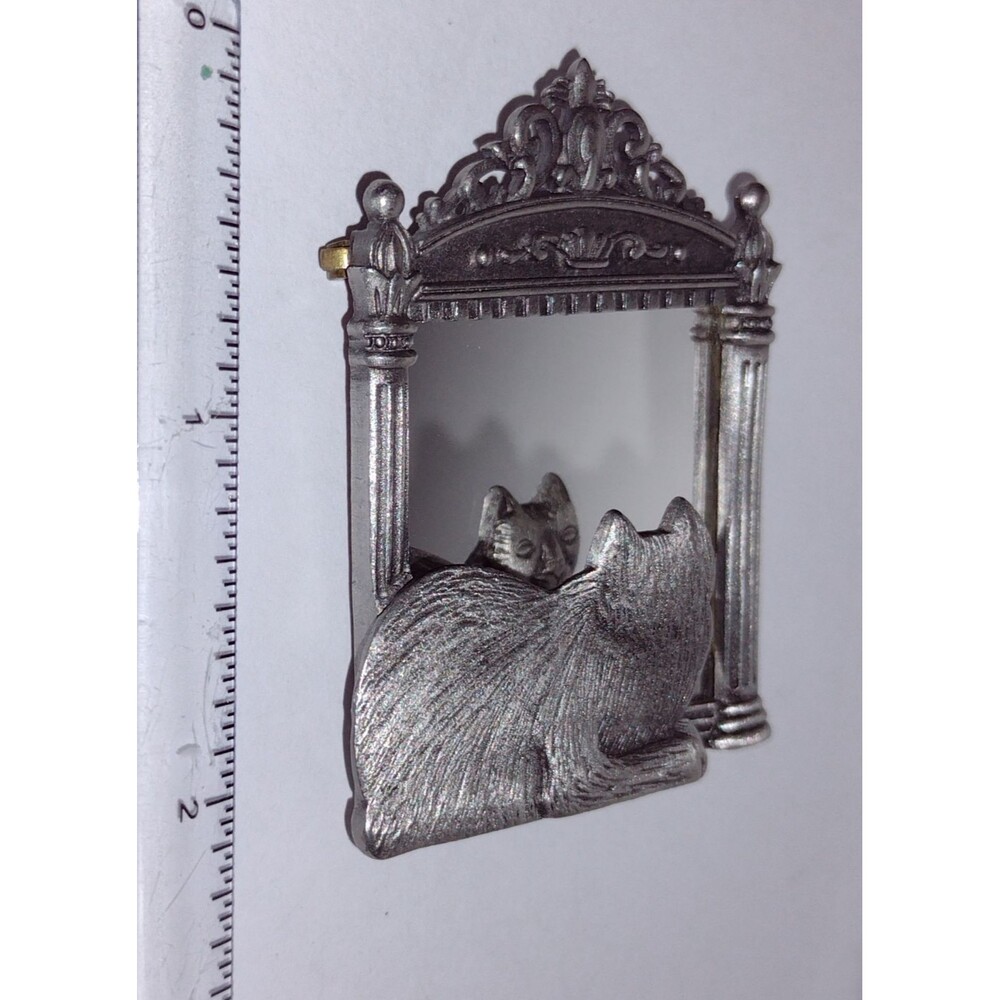 Vintage JJ Jonette Cat Reflection Mirror Frame Pewter Brooch Pin - Picture 5 of 5